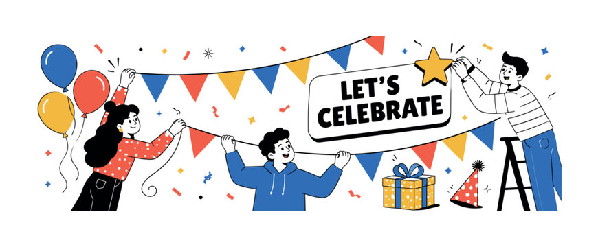 Festive Garland Celebration ? Clean editorial banner with 1 edge-to-edge holiday scene containing exactly 3 geometric characters hanging 2 oversized strings of triangular pennant flags, plus 5