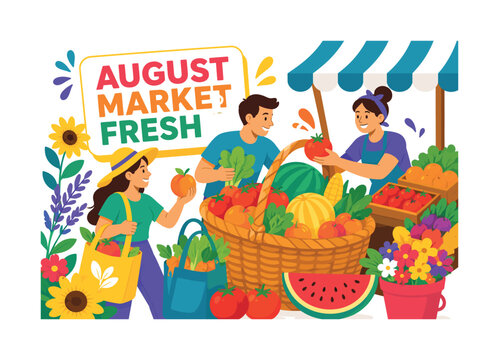 August Farmers Market Basket banner illustration showing two shoppers and a vendor filling an oversized harvest basket beside a large outdoor produce stall, with tomatoes, melons, peaches, leafy