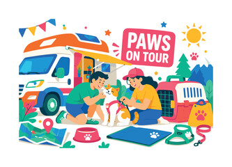 Naklejka premium Campervan Cat Adventure banner showing two expressive travelers caring for a curious cat during a summer campervan trip, with an oversized campervan and oversized pet carrier, plus travel bowl,