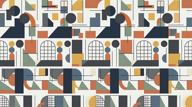Seamless pattern with abstract geometric shapes in modern mid century style featuring circles triangles and rectangles in muted earth tones of orange blue yellow and grey for textile design