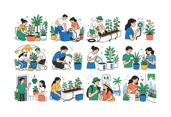 Fototapeta premium Container Garden Vacation Watering. Balcony plant care, drip irrigation, self-watering pots, summer travel and urban gardening. 12 minimalist editorial vector scenes: a person groups balcony pots