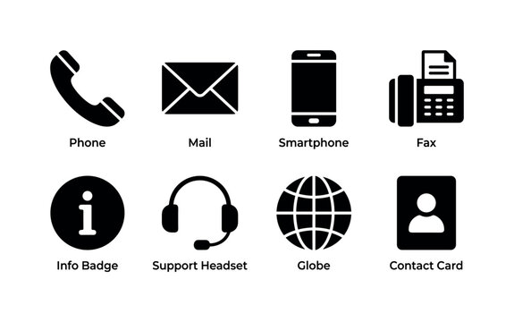 Contact Mixed Collection, solid glyph icon set featuring phone, mail, smartphone, fax, info badge, support headset, globe and contact card, covering communication, customer service and contact