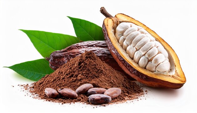 Cocoa Pods And Cocoa Beans And Cacao Powder With Leaves Isolated On White Background Cocoa Fruit With Clipping Path