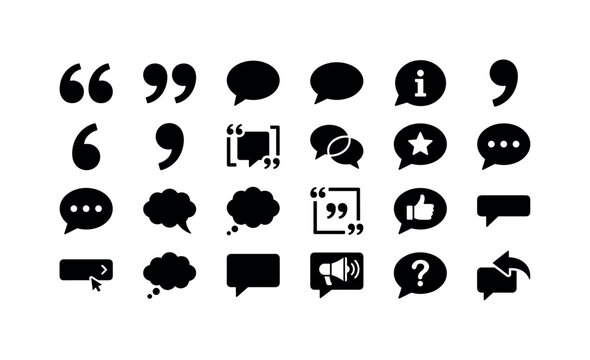 Quote Speech Shapes, solid glyph icon set featuring quotation bubble, dialogue cloud, quote bracket, comment icon, message balloon, punctuation frame, information bubble, covering communication,