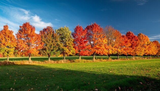 A Row Of Field Maple Trees With Multi Colored Foliage In The Afternoon Sunlight In October