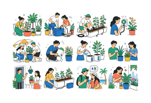 Container Garden Vacation Watering. Balcony plant care, drip irrigation, self-watering pots, summer travel and urban gardening. 12 minimalist editorial vector scenes: a person groups balcony pots