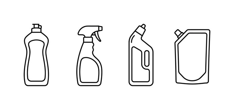 Detergent Bottle Collection, line icon set featuring cleaner bottle, gel drop, refill package, toilet cleaner, dish detergent, bathroom cleanser, label-free bottle, hygiene shield, covering cleaning
