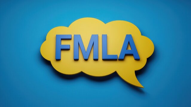 FMLA acronym on a yellow speech bubble against a blue background