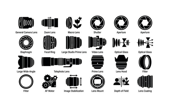 Camera Lens Collection, solid glyph icon set featuring camera lens, zoom lens, macro lens, shutter, aperture, diaphragm, focal ring, studio lens, video lens, optical glass, covering photography,