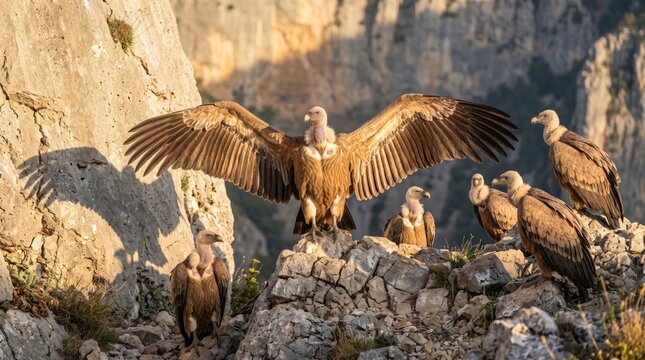 colony of griffon vultures gathering on sunlit mountain cliffs