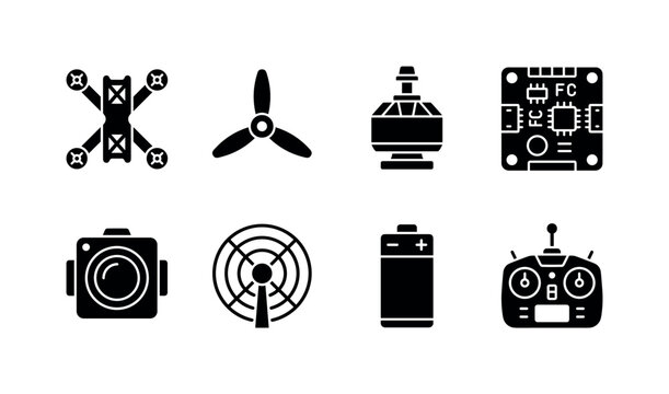 FPV Drone Components, solid glyph icon set featuring racing frame, propeller, brushless motor, flight controller, camera, antenna, battery and remote controller, covering FPV drones, racing,