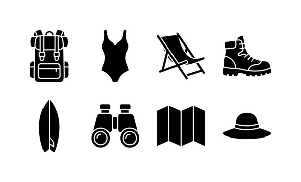 Travel Activity Equipment, solid glyph icon set featuring hiking backpack, swimsuit, beach chair, mountain boot, surfboard, binoculars, travel map, sun hat, covering summer vacations, hiking,