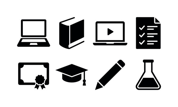 Distance Learning Tools, solid glyph icon set featuring laptop, book, video lesson, exam sheet, certificate, graduation cap, pencil and science flask, covering online education, back to school and
