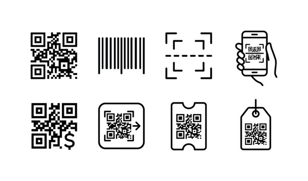 QR Scanner Tools, line icon set featuring QR code, barcode, scanner frame, smartphone scan, payment code, app button, digital ticket, covering mobile payments, logistics, ecommerce, marketing,