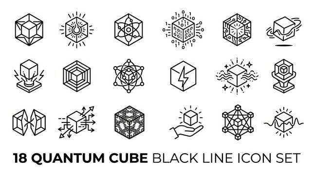 Set of eighteen minimalist black line quantum cube icons for design projects.