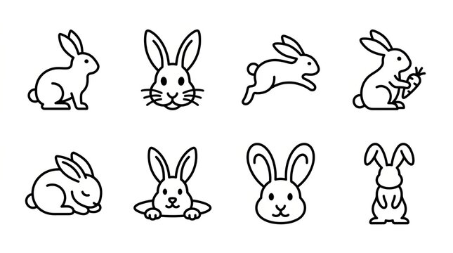 Collection of hand drawn cartoon rabbits in various playful poses and positions.