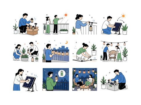 Balcony Solar Light Setup. Sustainable apartment decor, summer evenings, solar lighting and cozy outdoor living. 12 minimalist editorial vector scenes: a person unpacks solar lights, two residents