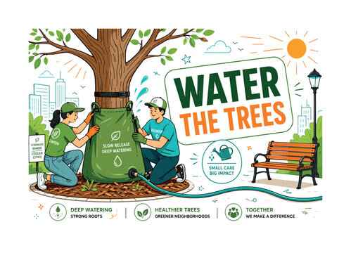 Summer Drought Tree Watering. Clean editorial banner showing two community volunteers fitting a water bag around a dry urban tree, with an oversized watering bag and large tree trunk extending across