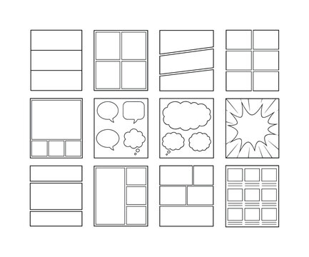Comic Storyboard Templates ? Line icon set with exactly 12 blank comic and manga layout templates arranged in a 4x3 grid: three-panel strip, four-panel page, diagonal action layout, six-box
