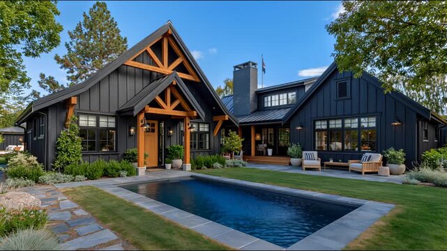 A sleek black modern farmhouse with timber accents and a pristine swimming pool sits amidst lush greenery under a bright blue sky.