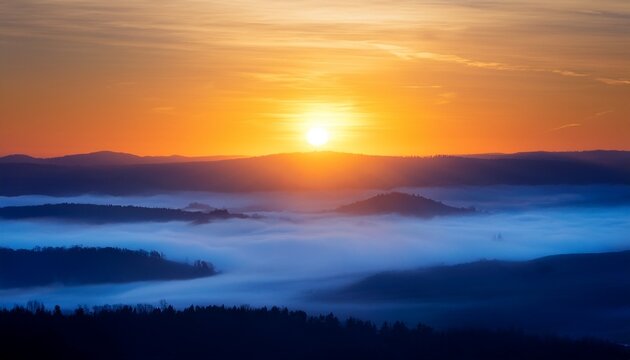 Serene Sunrise Over A Misty Landscape With Soft Gradients Of Blue And Gold Perfect For Backgrounds Presentations Or Creative Projects