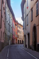 Fototapeta premium Historic buildings along via Giuseppe Mazzini in Alzano Lombardo, Bergamo province, Italy