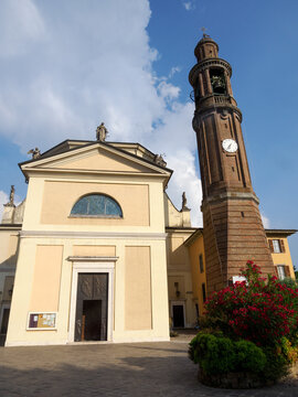 Facade of the old An Martino Vescovo church in Torre Boldone, in Bergamo province, Italy
