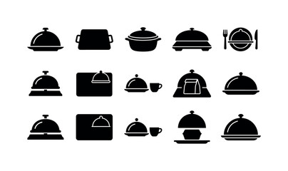 Fototapeta premium Restaurant Cloche Collection, solid glyph icon set featuring food cloche, serving tray, covered dish, catering platter, banquet plate, hotel service bell, dinner tray, breakfast cover, delivery dome,