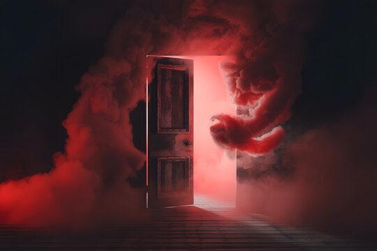 Eerie red smoke entity emerging from a slightly ajar weathered wooden doorway in darkness