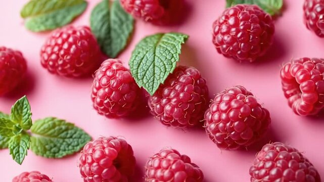 Fresh raspberries and mint leaves on pink background