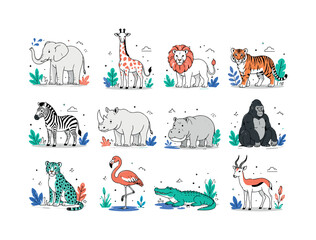 Obraz premium Wild Safari Animals, clean editorial illustration set with 12 separate small editorial animal illustrations featuring elephant, giraffe, lion, tiger, zebra, rhinoceros, hippopotamus, gorilla, leopard,