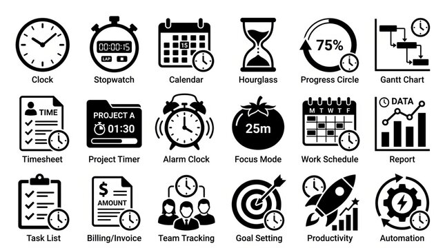 Collection of flat design icons representing various time management and productivity concepts.