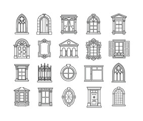 Fototapeta premium Architectural Window Collection, line icon set, 20 clean outline icons including Gothic window, arched door, Victorian window, Renaissance frame, colonial door, decorative panel, classic facade,