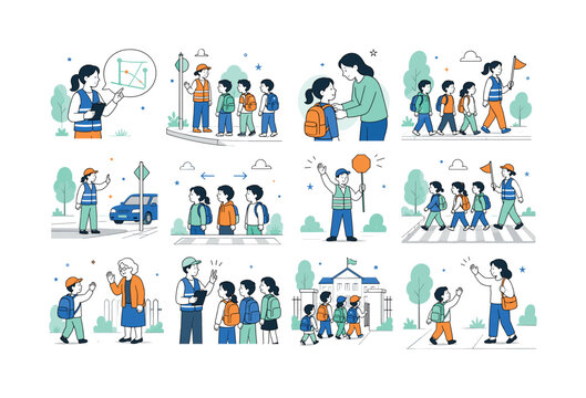 Walk To School Group. Walking school buses, child safety, parent volunteers, crosswalks, neighborhood routines, community education, and morning travel. 12 minimalist editorial vector scenes: