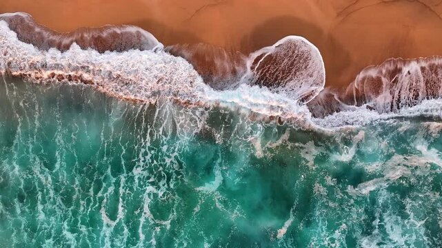 Aerial view of a sandy beach in Greece at sunset
