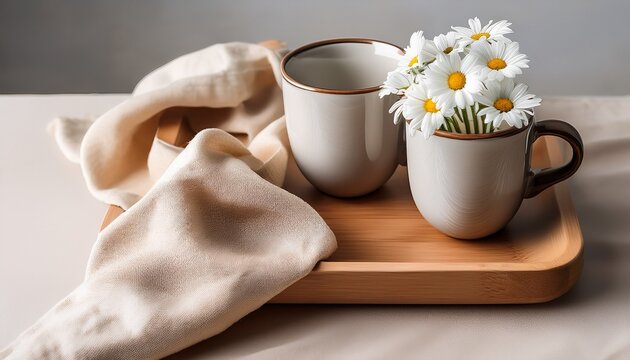 Minimalist Still Life Of Two Ceramic Cups And Small White Daisy Bouquet On A Wooden Tray With Linen Cloth