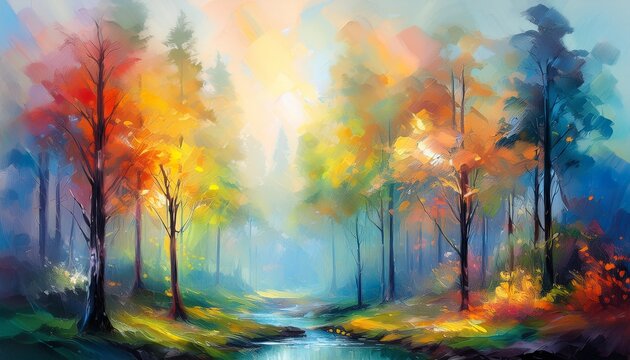 Brushstrokes Of Color Blend Seamlessly Capturing The Essence Of A Misty Forest In An Impressionistic Style