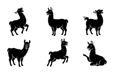Obraz premium Set of 6 Black Llama Silhouettes, Vector Icons for Animal Graphics, Cute Farm Mammal Poses, South American Camelid Illustrations