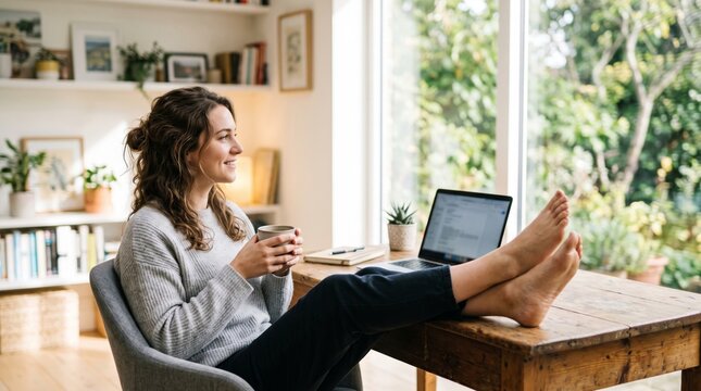 Relaxed woman enjoys coffee beside a laptop with bare feet on a desk in a bright home office overlooking a garden. Remote work, online work