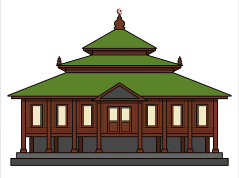 Traditional Indonesian Mosque Illustration with Multi-Tiered Green Roof and Wooden Architecture