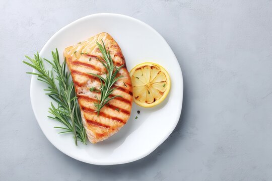 Juicy grilled chicken breast with grill marks topped with fresh rosemary and served with lemon slice on a white plate against a light gray background