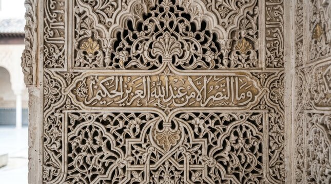 Intricate Islamic Geometric and Arabic Calligraphy Stone Carving on Architectural Panel