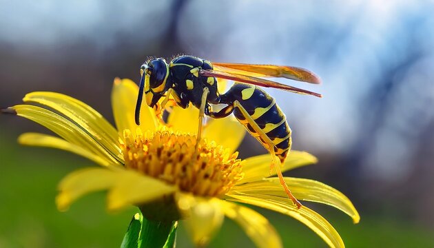 Wasp Sits On A Yellow Flower Gagea Lutea Insect In The Wild Close Up Of A Wasp Sitting On A Leaf The First Spring Flower Macro Photo Nature Spring Season Isolated On Blurred Background