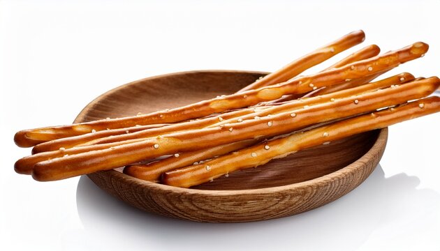 Pretzel Sticks In A Wooden Plate On A White Background Isolated
