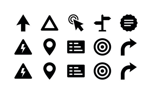 Direction Attention Symbols, solid glyph icon set featuring upward pointer arrow, attention triangle, tap cursor, direction sign, info badge, warning icon, location marker, instruction card, focus