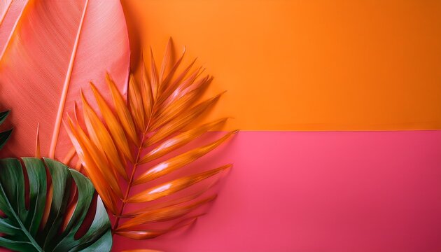 Vibrant Tropical Leaves Against A Vivid Orange And Pink Background Create A Lively And Exotic Mood