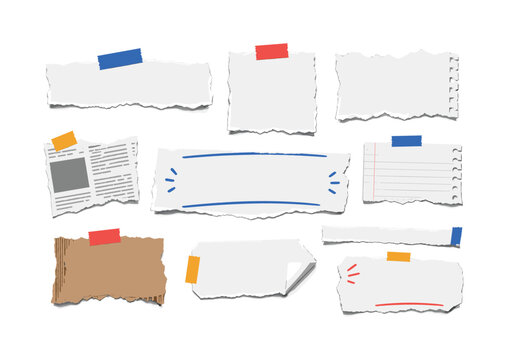 Torn Paper Strips, clean editorial illustration set of exactly 10 separate blank torn-paper pieces arranged in a scattered balanced layout: ripped horizontal strip, torn square note, jagged rectangle,