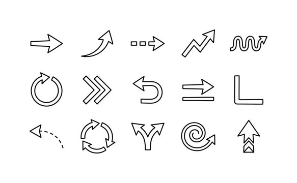 Sketch Arrow Elements, line icon set featuring zigzag arrows, dashed arrows, curved arrows, underline arrows, loop arrows, pointer arrows and direction marks, covering business graphics, interfaces,