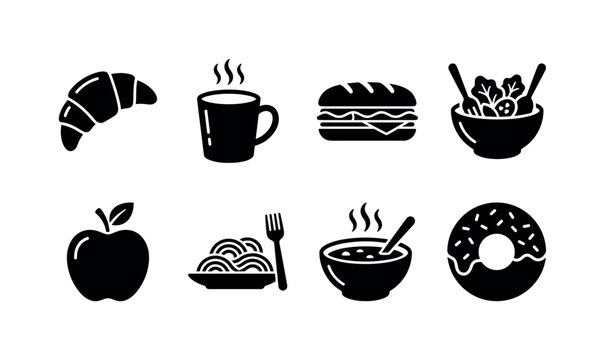 All Day Meals, solid glyph icon set featuring croissant, coffee cup, lunch sandwich, salad, snack apple, dinner pasta, soup and dessert donut, covering breakfast, lunch, snacks, dinner and restaurant