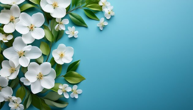 White Spring Flowers And Green Leaves Creating A Floral Border An Elegant Light Blue Background